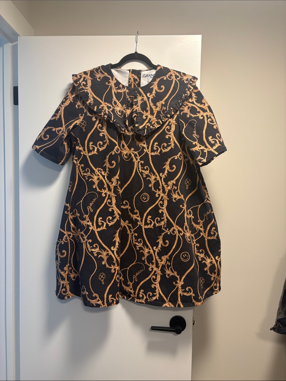 Ganni Black Denim Dress with Gold Scroll Print and Ruffle Collar